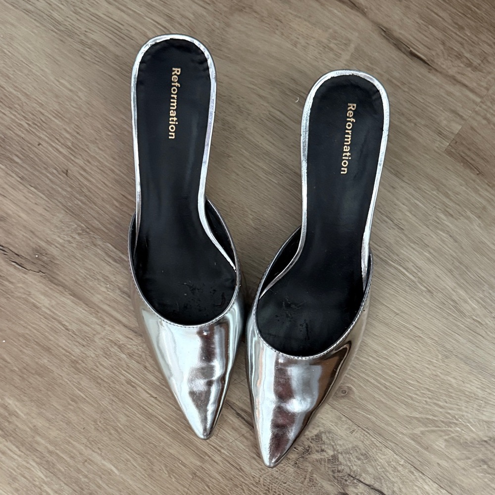 Reformation Metallic Silver Mules